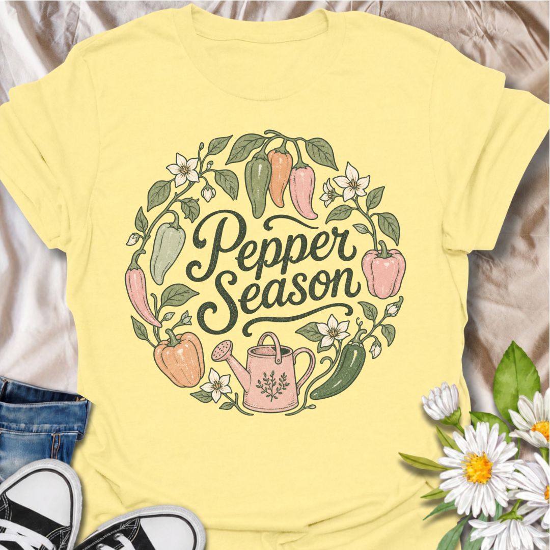 A cheerful gardening T-shirt for anyone who looks forward to pepper season and the first colorful harvest from the garden. The “Pepper Season” design is surrounded by sweet peppers, chili peppers, blossoms, leafy vines, and a watering can for a soft botanical look. It is perfect for vegetable gardeners, pepper growers, kitchen gardeners, and anyone who loves growing their own produce. The hand-drawn floral styling gives it a more feminine, cottage-garden feel while still keeping the design clearly focused o