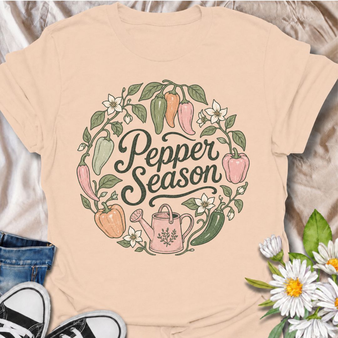 A cheerful gardening T-shirt for anyone who looks forward to pepper season and the first colorful harvest from the garden. The “Pepper Season” design is surrounded by sweet peppers, chili peppers, blossoms, leafy vines, and a watering can for a soft botanical look. It is perfect for vegetable gardeners, pepper growers, kitchen gardeners, and anyone who loves growing their own produce. The hand-drawn floral styling gives it a more feminine, cottage-garden feel while still keeping the design clearly focused o