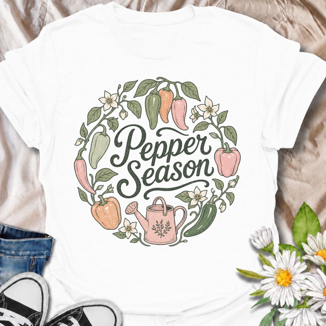 A cheerful gardening T-shirt for anyone who looks forward to pepper season and the first colorful harvest from the garden. The “Pepper Season” design is surrounded by sweet peppers, chili peppers, blossoms, leafy vines, and a watering can for a soft botanical look. It is perfect for vegetable gardeners, pepper growers, kitchen gardeners, and anyone who loves growing their own produce. The hand-drawn floral styling gives it a more feminine, cottage-garden feel while still keeping the design clearly focused o