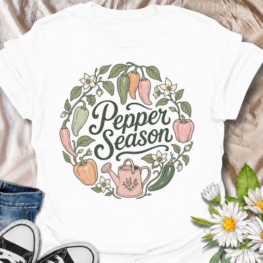 A cheerful gardening T-shirt for anyone who looks forward to pepper season and the first colorful harvest from the garden. The “Pepper Season” design is surrounded by sweet peppers, chili peppers, blossoms, leafy vines, and a watering can for a soft botanical look. It is perfect for vegetable gardeners, pepper growers, kitchen gardeners, and anyone who loves growing their own produce. The hand-drawn floral styling gives it a more feminine, cottage-garden feel while still keeping the design clearly focused o