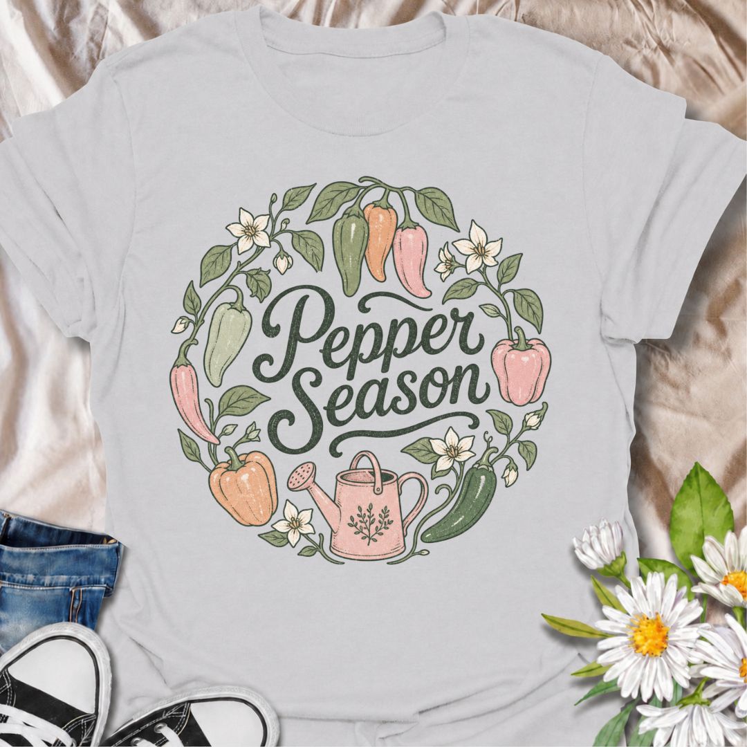 A cheerful gardening T-shirt for anyone who looks forward to pepper season and the first colorful harvest from the garden. The “Pepper Season” design is surrounded by sweet peppers, chili peppers, blossoms, leafy vines, and a watering can for a soft botanical look. It is perfect for vegetable gardeners, pepper growers, kitchen gardeners, and anyone who loves growing their own produce. The hand-drawn floral styling gives it a more feminine, cottage-garden feel while still keeping the design clearly focused o