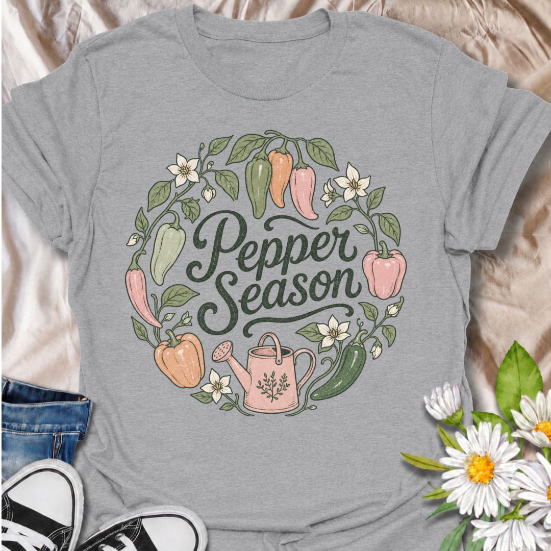 A cheerful gardening T-shirt for anyone who looks forward to pepper season and the first colorful harvest from the garden. The “Pepper Season” design is surrounded by sweet peppers, chili peppers, blossoms, leafy vines, and a watering can for a soft botanical look. It is perfect for vegetable gardeners, pepper growers, kitchen gardeners, and anyone who loves growing their own produce. The hand-drawn floral styling gives it a more feminine, cottage-garden feel while still keeping the design clearly focused o