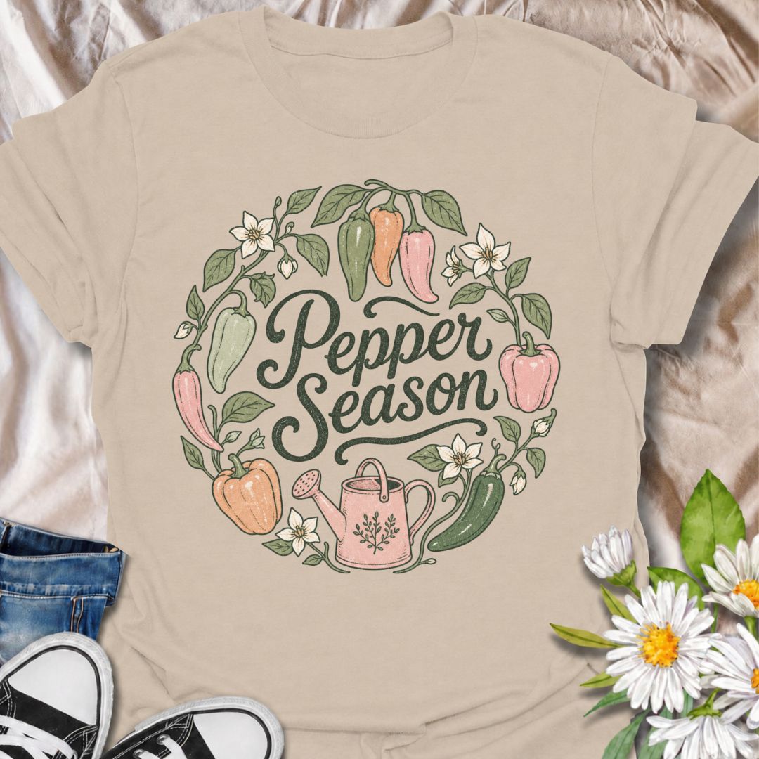 A cheerful gardening T-shirt for anyone who looks forward to pepper season and the first colorful harvest from the garden. The “Pepper Season” design is surrounded by sweet peppers, chili peppers, blossoms, leafy vines, and a watering can for a soft botanical look. It is perfect for vegetable gardeners, pepper growers, kitchen gardeners, and anyone who loves growing their own produce. The hand-drawn floral styling gives it a more feminine, cottage-garden feel while still keeping the design clearly focused o