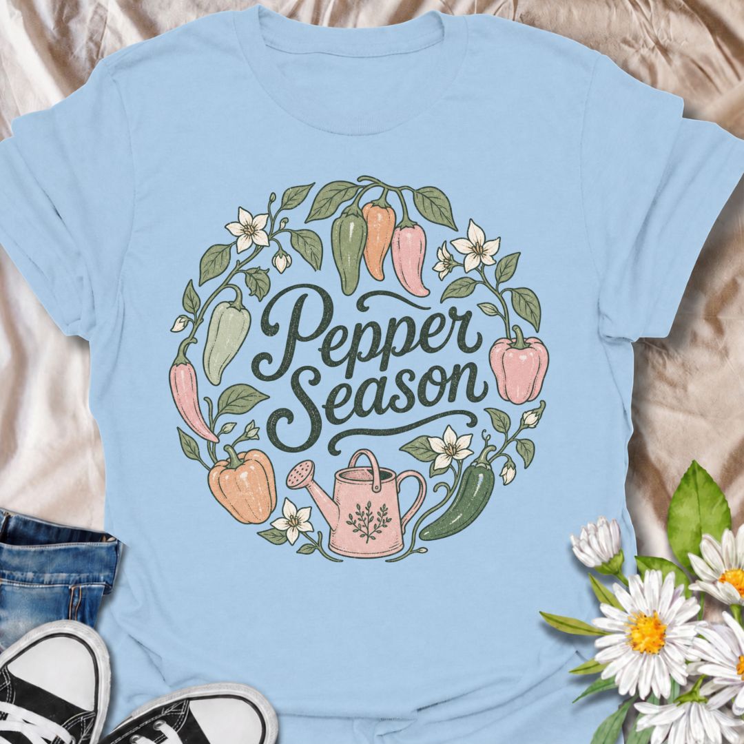 A cheerful gardening T-shirt for anyone who looks forward to pepper season and the first colorful harvest from the garden. The “Pepper Season” design is surrounded by sweet peppers, chili peppers, blossoms, leafy vines, and a watering can for a soft botanical look. It is perfect for vegetable gardeners, pepper growers, kitchen gardeners, and anyone who loves growing their own produce. The hand-drawn floral styling gives it a more feminine, cottage-garden feel while still keeping the design clearly focused o