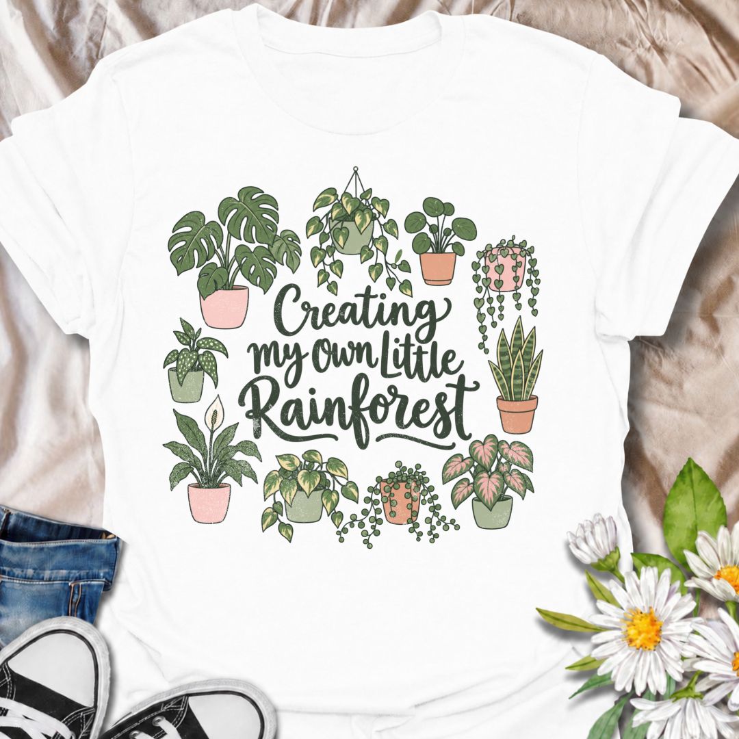 A charming houseplant T-shirt for anyone who is slowly turning their home into a lush indoor jungle. The phrase “Creating My Own Little Rainforest” is surrounded by monstera, pothos, snake plants, trailing vines, and other leafy favorites for a soft botanical design. It is perfect for plant parents, houseplant collectors, indoor gardeners, and anyone who loves filling every spare corner with greenery. The hand-drawn styling gives it a warm, feminine feel while keeping the design easy to wear. A lovely gift 