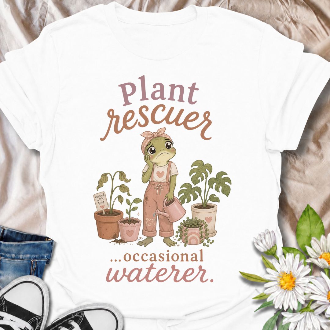 A funny plant T-shirt for anyone who cannot resist trying to save a struggling houseplant. The phrase “Plant Rescuer… Occasional Waterer” pairs with a sweet frog character, wilted plants, watering can, and potted greenery for playful, self-aware plant-parent humor. It is perfect for houseplant lovers, indoor gardeners, and anyone who brings home sad plants with every intention of nursing them back to health. The softer pastel artwork gives the design a warm, feminine feel while keeping the joke clear and re