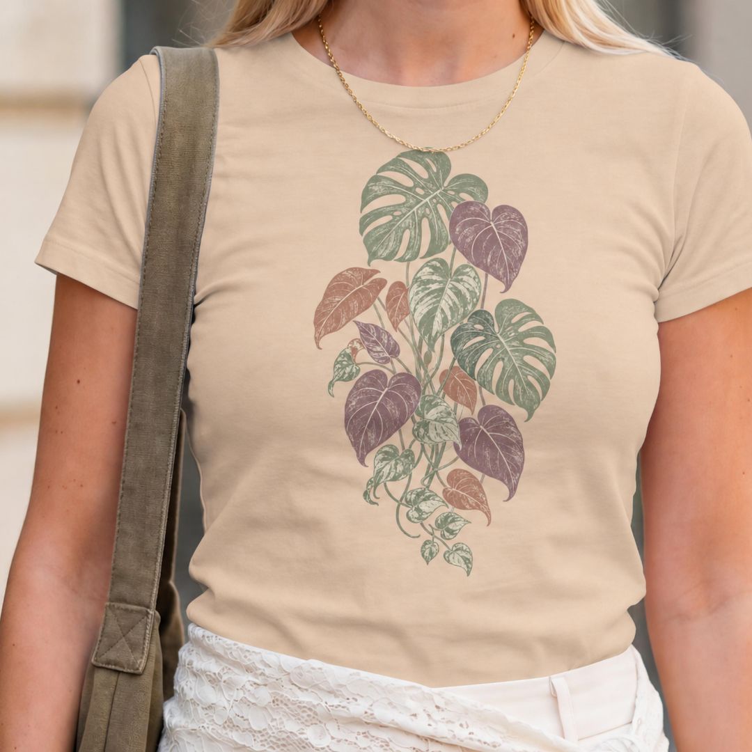 A soft botanical T-shirt for plant lovers who prefer their greenery with a more subtle, feminine feel. Featuring layered monstera, philodendron, and trailing leaves in muted sage, dusty rose, and soft plum tones, this design has an understated vintage look that works beautifully for everyday wear. It is perfect for houseplant lovers, indoor gardeners, botanical enthusiasts, and anyone who enjoys nature-inspired clothing without a slogan. The faded palette gives the artwork a relaxed, slightly worn-in feel w