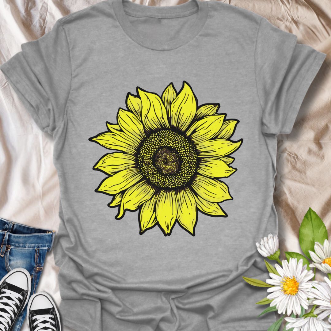 Bold vintage sunflower illustration t-shirt featuring a hand-drawn detailed floral design. Perfect for gardeners, nature lovers, plant moms, and flower enthusiasts. Bright, cheerful sunflower shirt for summer, casual wear, or thoughtful gifting.