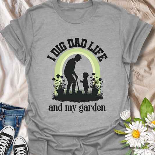Celebrate fatherhood and a love of gardening with this charming "I Dig Dad Life and My Garden" shirt. Featuring a touching silhouette of a dad and child with garden tools, it's a perfect gift for gardening dads, Father’s Day, or any proud plant-loving father.