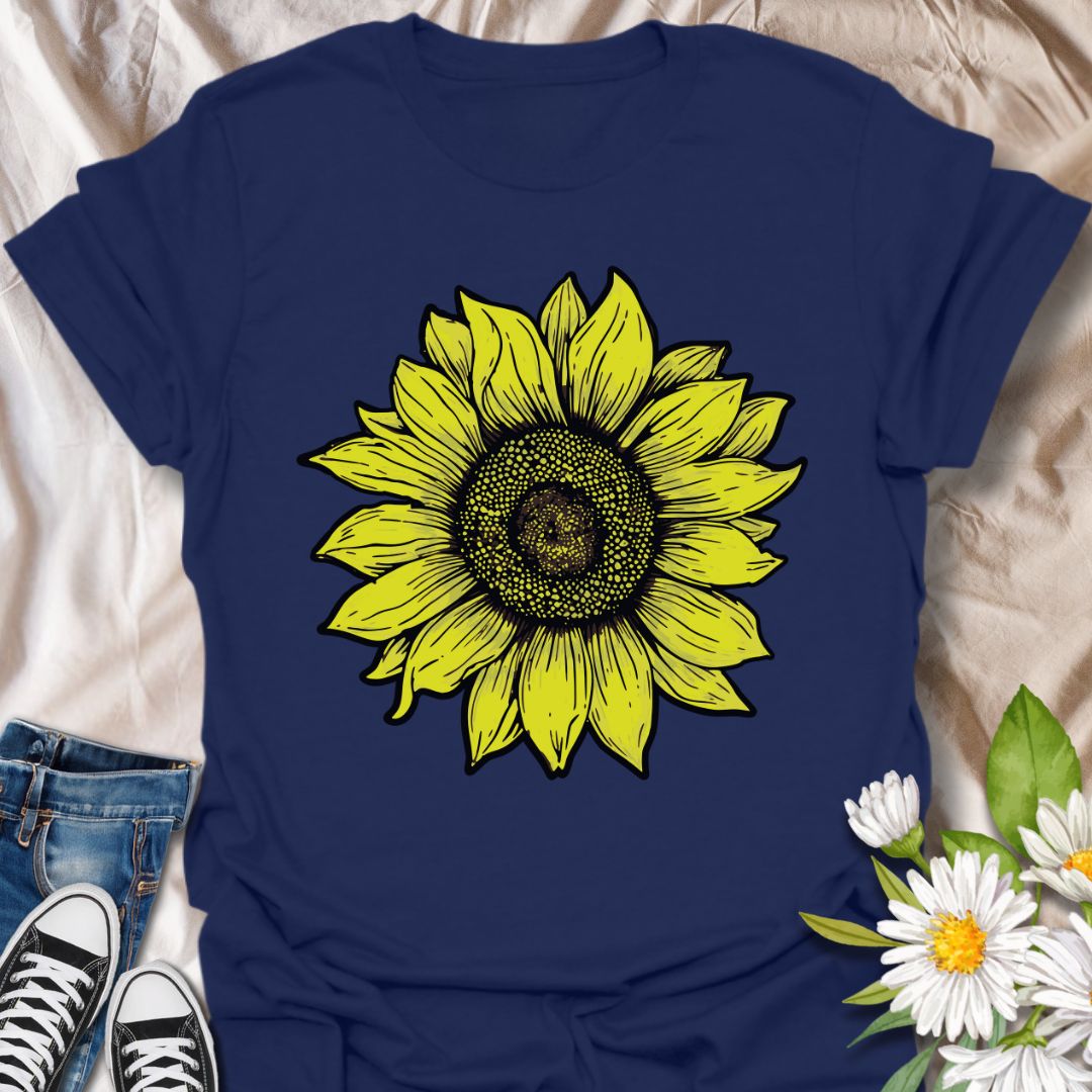 Bold vintage sunflower illustration t-shirt featuring a hand-drawn detailed floral design. Perfect for gardeners, nature lovers, plant moms, and flower enthusiasts. Bright, cheerful sunflower shirt for summer, casual wear, or thoughtful gifting.