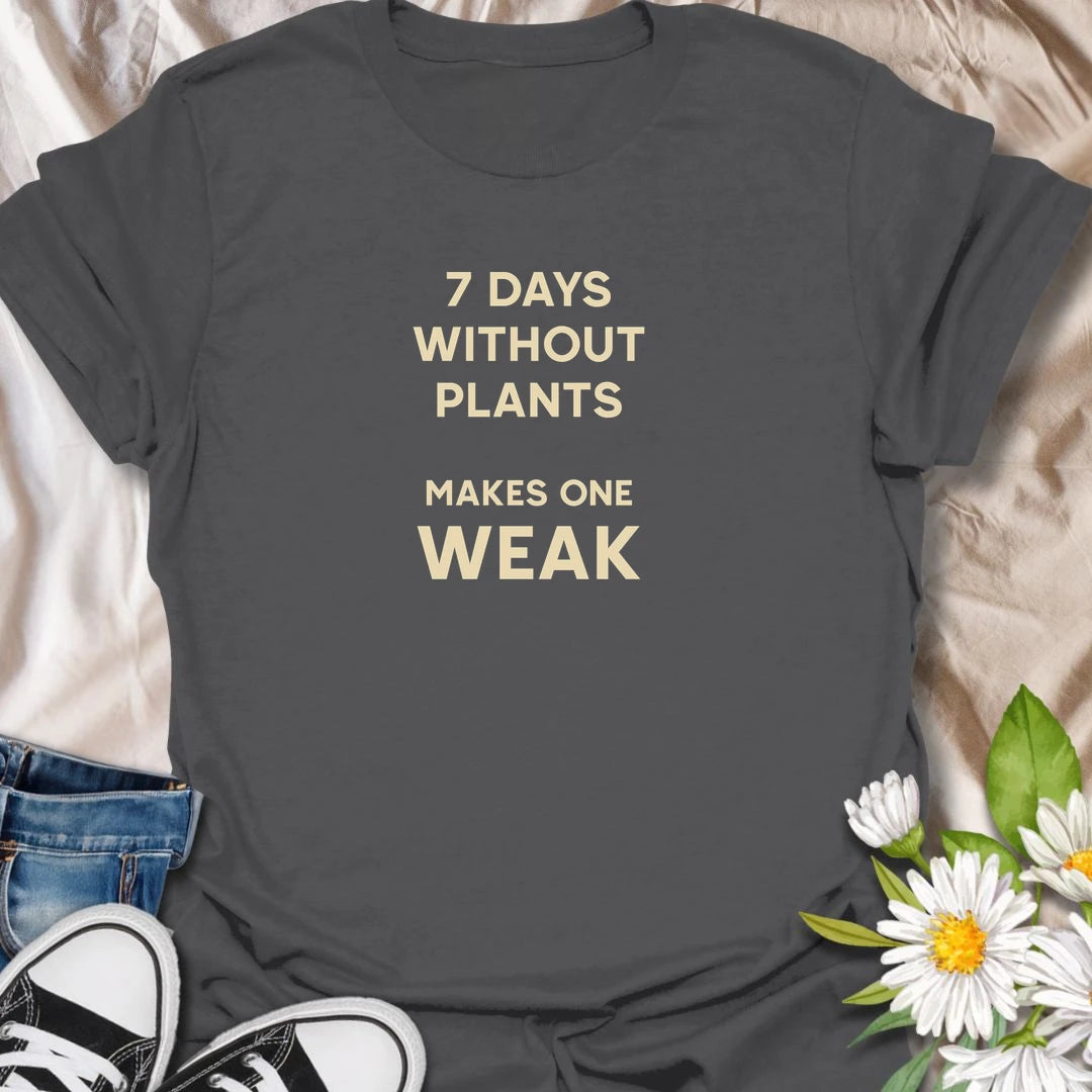 This 7 Days Without Plants Makes One Weak t-shirt is perfect for plant lovers who need regular time with houseplants, gardens, and greenery. Featuring simple bold text with a funny plant-lover pun, this minimalist botanical design is great for plant moms, plant dads, indoor gardeners, houseplant collectors, and anyone who feels better when plants are nearby.