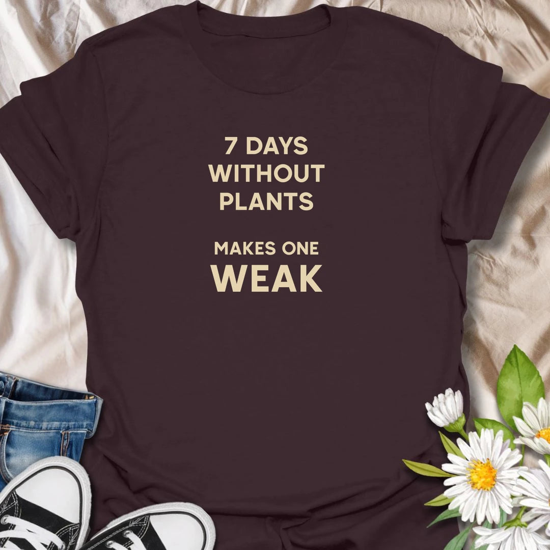 This 7 Days Without Plants Makes One Weak t-shirt is perfect for plant lovers who need regular time with houseplants, gardens, and greenery. Featuring simple bold text with a funny plant-lover pun, this minimalist botanical design is great for plant moms, plant dads, indoor gardeners, houseplant collectors, and anyone who feels better when plants are nearby.