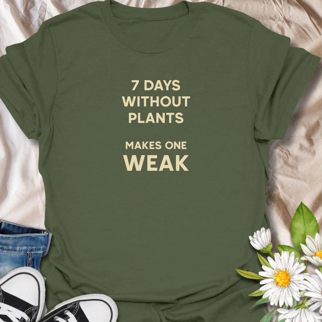 This 7 Days Without Plants Makes One Weak t-shirt is perfect for plant lovers who need regular time with houseplants, gardens, and greenery. Featuring simple bold text with a funny plant-lover pun, this minimalist botanical design is great for plant moms, plant dads, indoor gardeners, houseplant collectors, and anyone who feels better when plants are nearby.