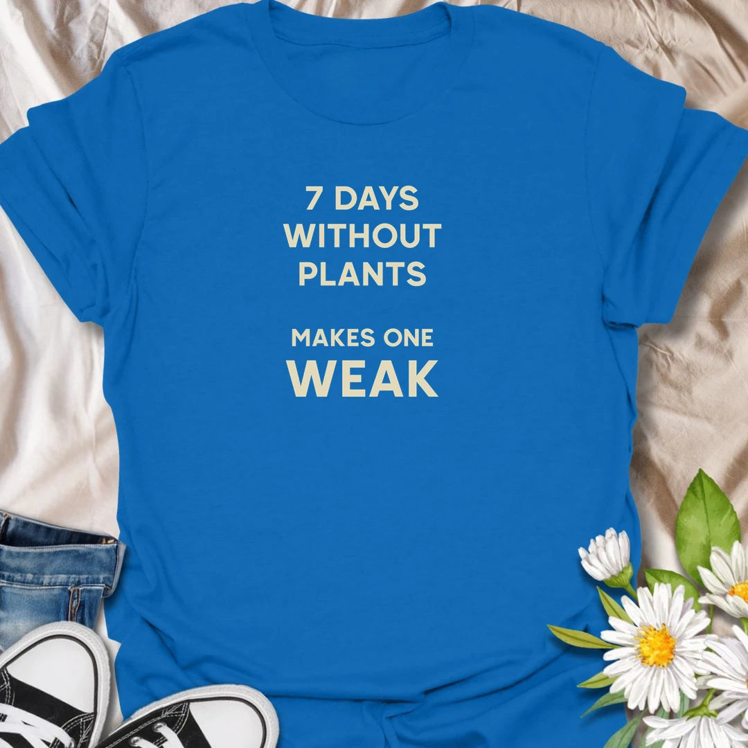 This 7 Days Without Plants Makes One Weak t-shirt is perfect for plant lovers who need regular time with houseplants, gardens, and greenery. Featuring simple bold text with a funny plant-lover pun, this minimalist botanical design is great for plant moms, plant dads, indoor gardeners, houseplant collectors, and anyone who feels better when plants are nearby.