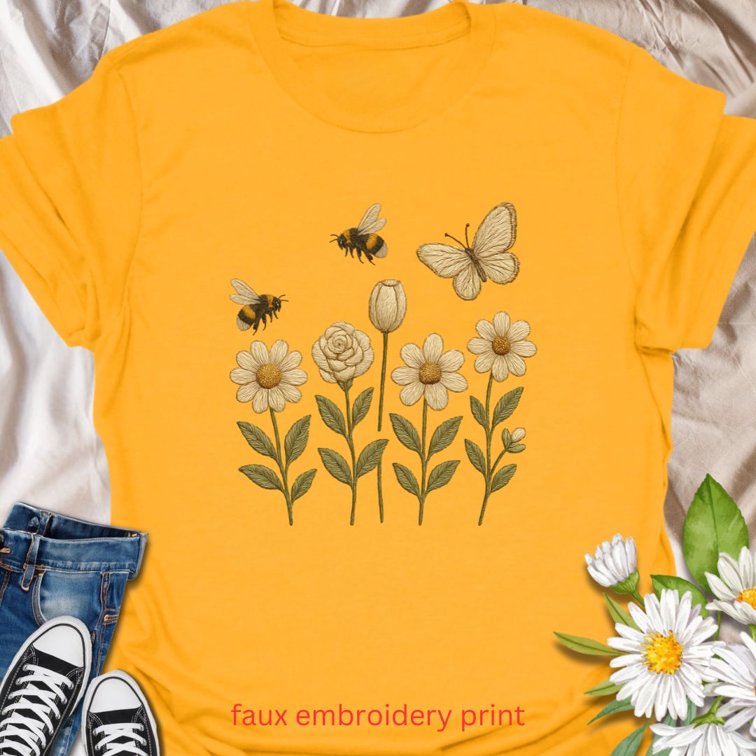 Celebrate the beauty of pollinators with this faux embroidery t-shirt featuring delicately stitched-look bees, a butterfly, and blooming white flowers. The design adds a charming, nature-inspired touch to your wardrobe—perfect for garden lovers, embroidery art fans, and anyone who appreciates floral elegance with a vintage twist.