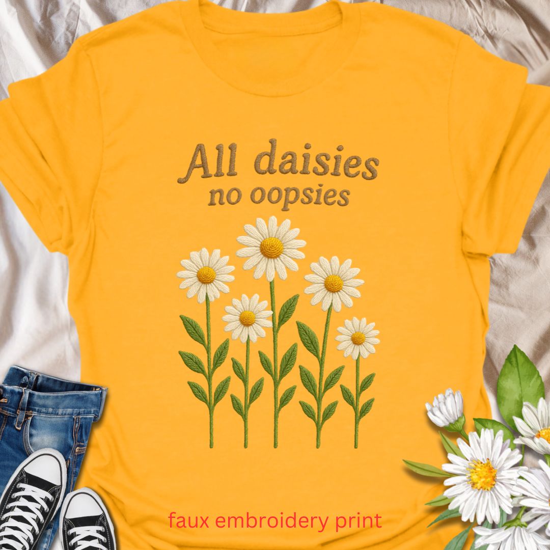 Bring a playful twist to your plant-loving wardrobe with this faux embroidery “All Daisies No Oopsies” t-shirt. Featuring a charming stitched-look daisy design, this tee blends floral cheer with a fun phrase, perfect for gardeners, plant moms, and anyone who loves whimsical nature-themed apparel.
