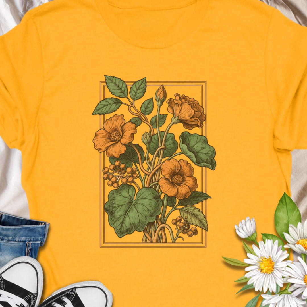 Retro floral graphic tee with Nasturtium style orange botanical blooms. Perfect for plant lovers, gardeners, and vintage-style enthusiasts. 