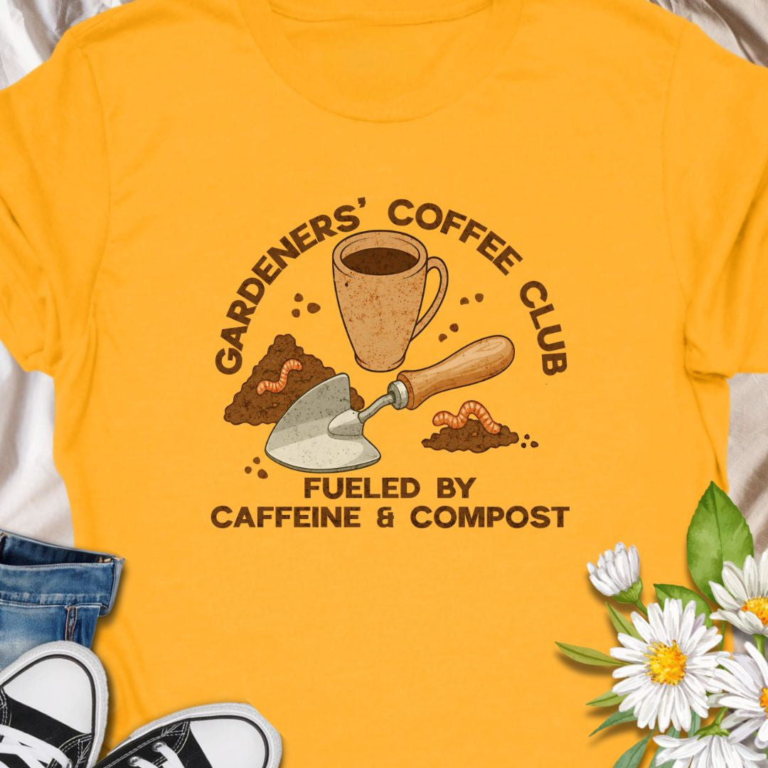 Join the unofficial club for caffeine-fueled gardeners with this fun and earthy "Gardeners' Coffee Club" t-shirt. Perfect for green thumbs who love a hot cup and healthy soil, this design is a cozy blend of humor and horticulture.
The t-shirt that speaks to mornings spent with soil on your hands and a warm mug nearby. 
