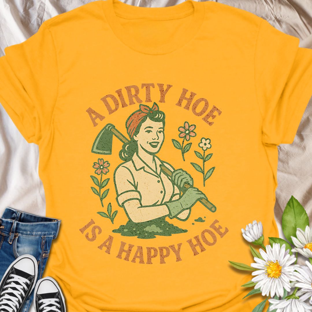 Bring humor to the garden with this cheeky and playful gardening shirt with "A Dirty Hoe is a Happy Hoe. Featuring a retro-style design and a double entendre that plant lovers will appreciate, it's perfect for garden enthusiasts with a sense of humor. Ideal for gifts, birthdays, or just digging in the dirt with style.