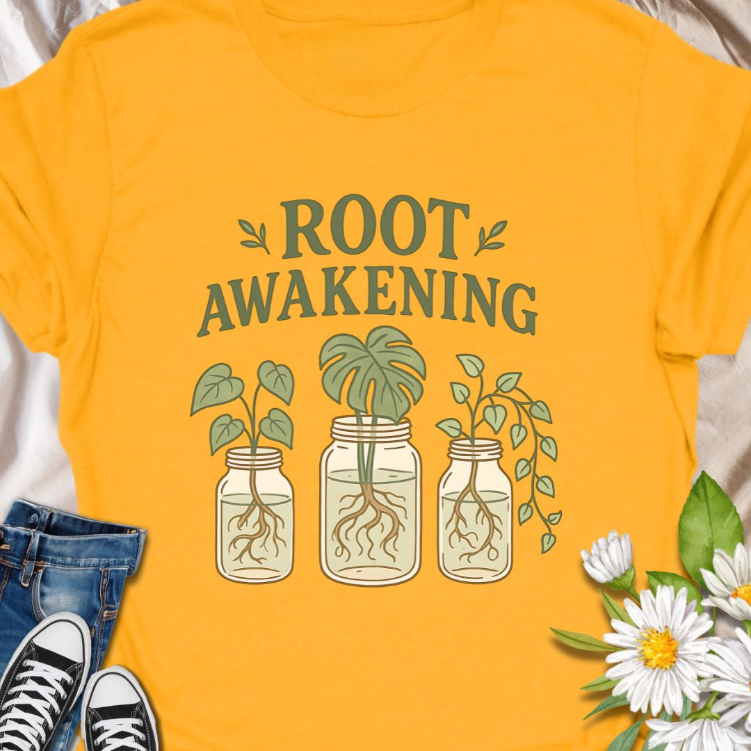
For plant enthusiasts who love jar propagation, this t-shirt blends clever wordplay with a soft green aesthetic - Soft, lived-in comfort meets quiet green joy. This  tee carries a gentle plant-lover’s message — ‘Root Awakening’ above three mason jars with thriving cuttings and visible roots. The muted greens and hand-drawn lines give it a botanical, cottage-core vibe that reads as calm and intentional. 