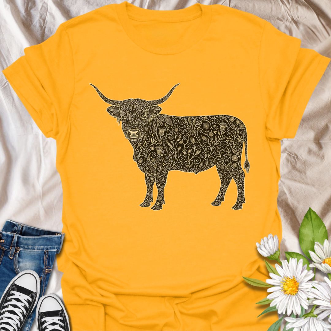 Show off your love for rustic charm and artistic nature with this intricately designed Highland cow graphic t-shirt. Featuring a beautifully detailed floral pattern within the iconic silhouette of a Highland cow, this design is perfect for farm lovers, botanical art fans, and anyone who appreciates country-inspired fashion with a creative twist.