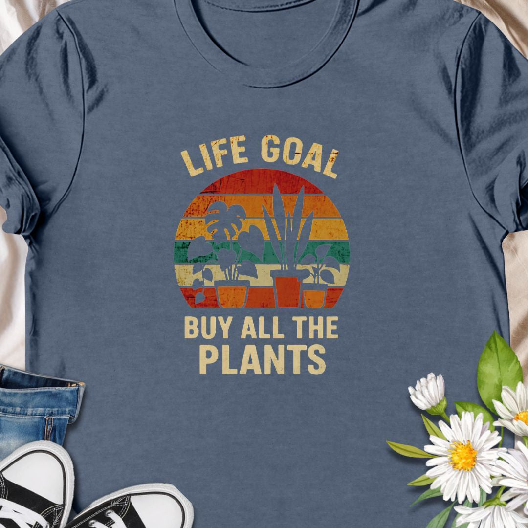 Set your priorities straight with this vintage-style “Life Goal: Buy All The Plants” tee! Featuring a colorful retro design with potted plants, it's the perfect shirt for proud plant collectors, indoor jungle creators, and every crazy plant person. A must-have for plant moms and dads!