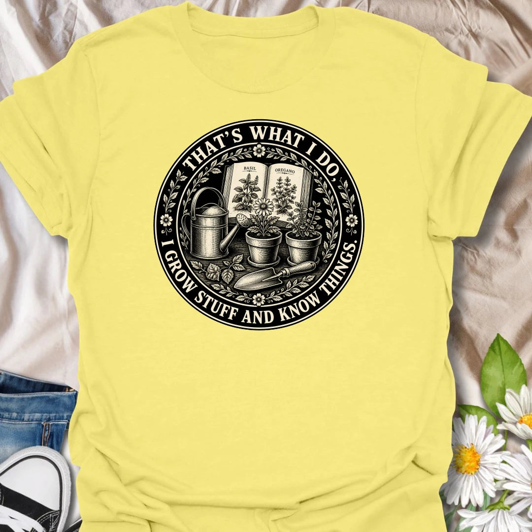 Funny gardening t-shirt with a vintage botanical badge design, perfect for plant lovers, herb gardeners, and anyone who grows stuff and knows things.