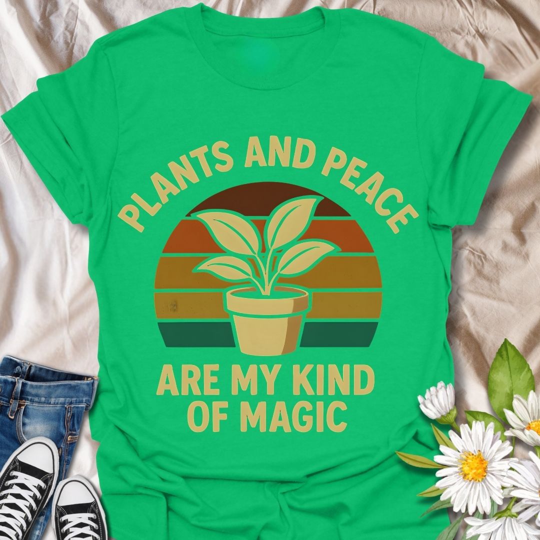 Retro-inspired “Plants and Peace Are My Kind of Magic” t-shirt for plant lovers and peace seekers. Featuring a potted plant with vintage sunset stripes, this design blends boho style with mindfulness—perfect for gardeners, plant parents, and earthy souls.