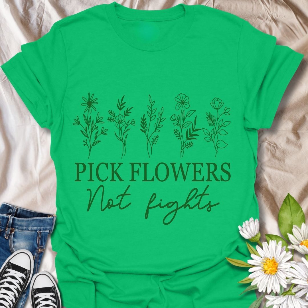Promote peace and positivity with this “Pick Flowers Not Fights” botanical t-shirt. Featuring minimalist hand-drawn floral illustrations, it’s perfect for garden lovers, plant moms, and kindness advocates.