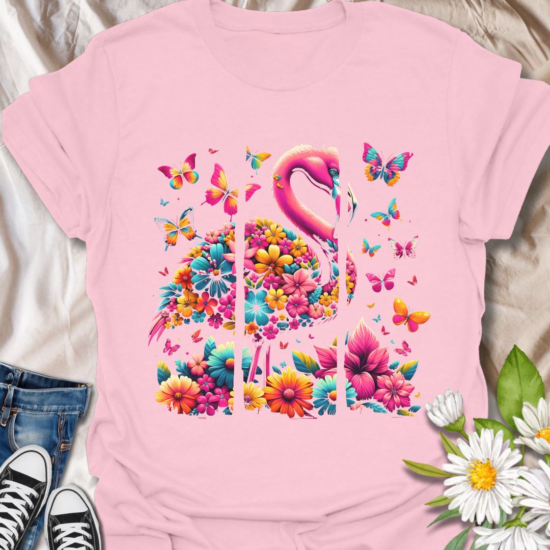 Brighten your wardrobe with this stunning flamingo made entirely of colorful flowers, surrounded by vibrant butterflies. Perfect for nature lovers, summer vibes, or anyone who adores flamingos and cheerful floral designs.