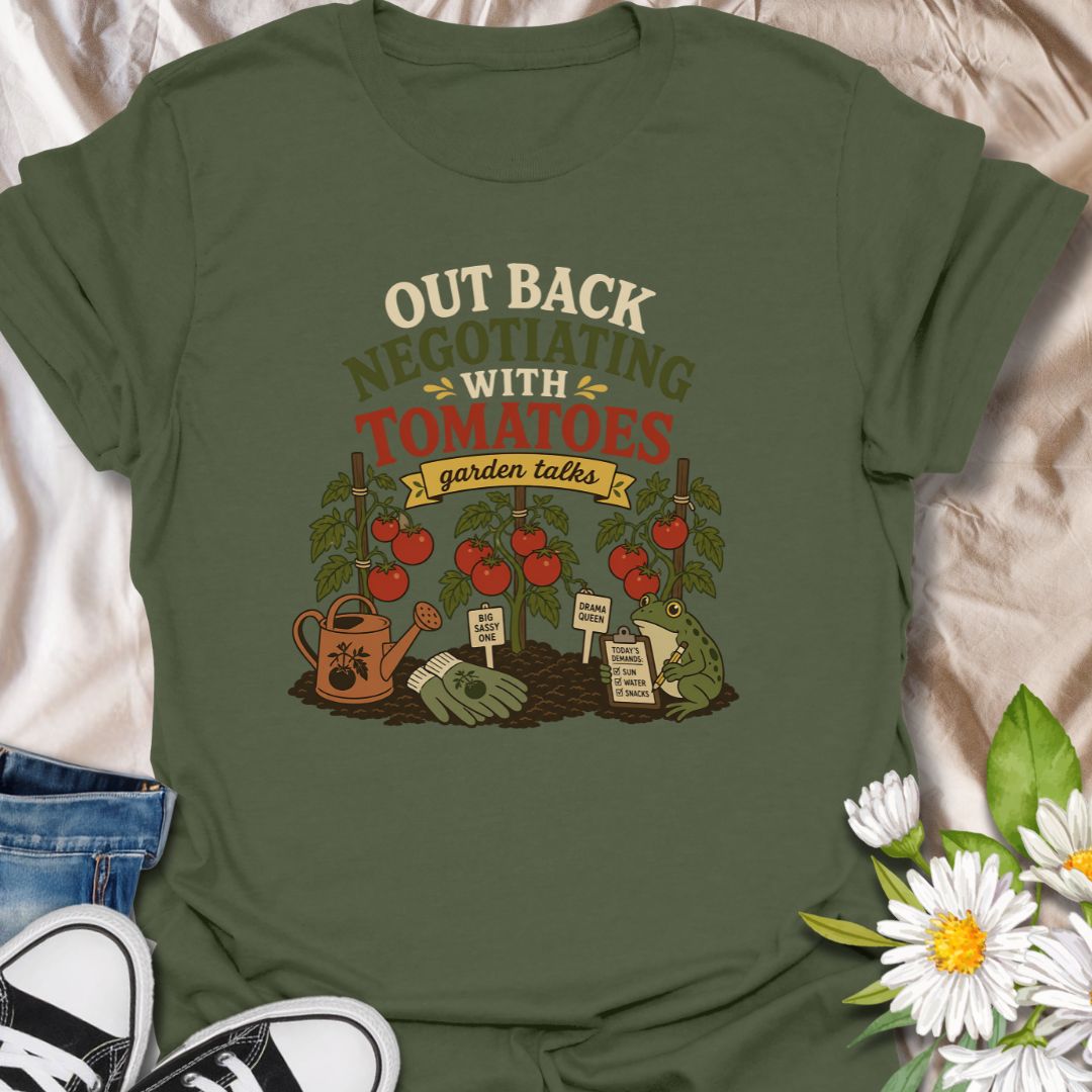 A funny vegetable gardening T-shirt for anyone who spends time discussing terms with their tomato plants. The design features ripe tomatoes, garden tools, plant stakes, and a frog recording the plants’ demands. A playful gift for tomato growers, backyard gardeners, and vegetable garden enthusiasts