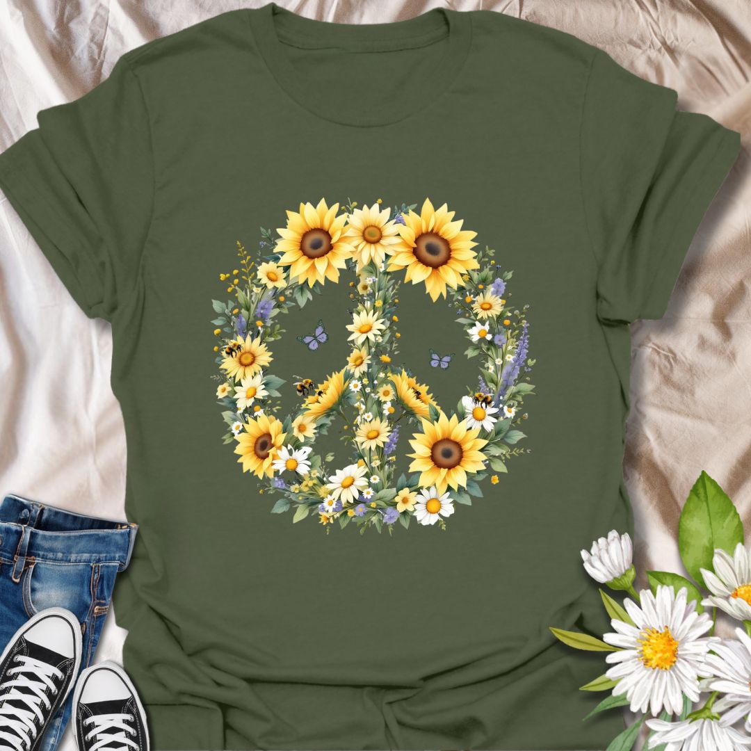 sunflower peace sign, boho floral tee, wildflower shirt, hippie garden shirt, nature lover gift, floral peace symbol, bee and butterfly tee, summer vibes shirt, gardening fashion. Military Green
