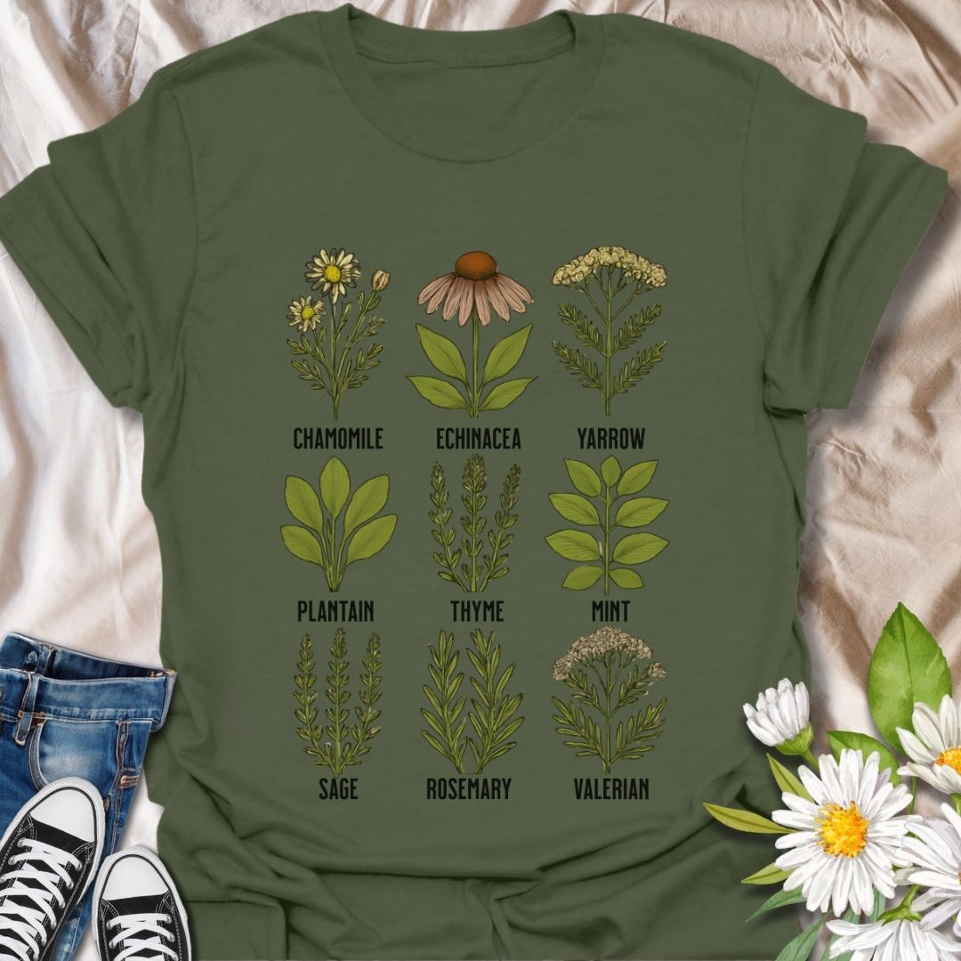 Educational and stylish herbal plants t-shirt featuring hand-drawn illustrations of chamomile, echinacea, yarrow, thyme, mint, rosemary, and more. A perfect gift for gardeners, herbalists, and plant enthusiasts who love natural remedies and botany-inspired fashion.