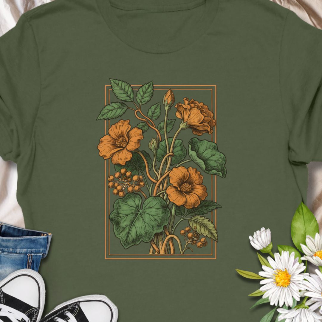 Retro floral graphic tee with Nasturtium style orange botanical blooms. Perfect for plant lovers, gardeners, and vintage-style enthusiasts. 