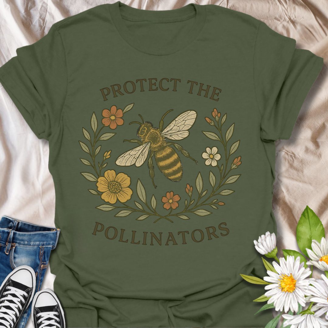 Show your love for nature and sustainability with this eco-friendly graphic t-shirt featuring a detailed bee illustration surrounded by flowers and the message "Protect the Pollinators." Perfect for environmentalists, gardeners, and bee conservation supporters.