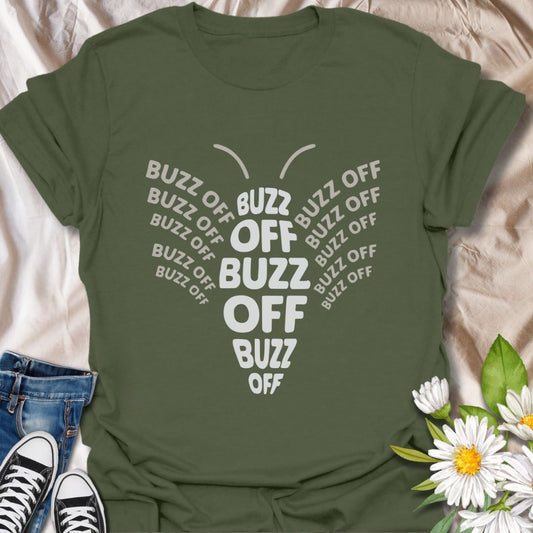 Bold 'Buzz Off' bee-shaped graphic tee with playful typography forming wings and body. A sassy, humorous shirt perfect for introverts, bee lovers, and fans of quirky, statement apparel. Great gift for those who love clever word art and a bit of attitude in their fashion