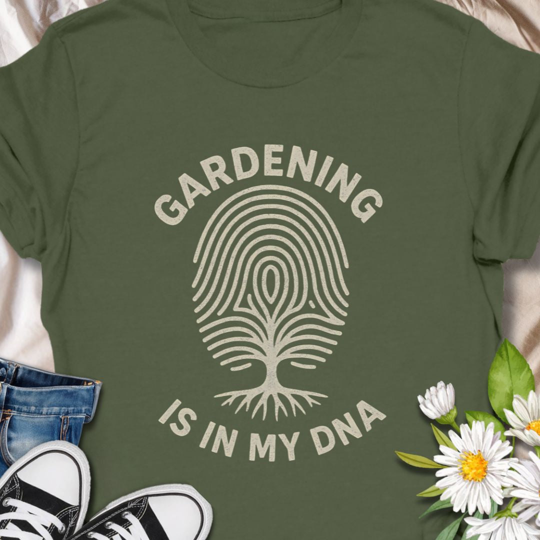Celebrate your green thumb with this “Gardening Is in My DNA” t-shirt, featuring a unique fingerprint tree design. Perfect for plant lovers, garden enthusiasts, and horticulture fans who feel a deep-rooted connection to the soil. A great gift for gardeners and nature lovers alike.