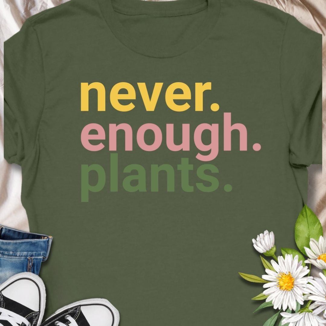 Bold and minimalist, the “never. enough. plants.” t-shirt is a must-have for plant lovers and green thumbs who can't resist adding just one more leafy friend. Featuring vibrant, colorful typography on a crisp white tee, this aesthetic shirt makes a fun and stylish gift for plant parents, botanical enthusiasts, and houseplant hoarders.