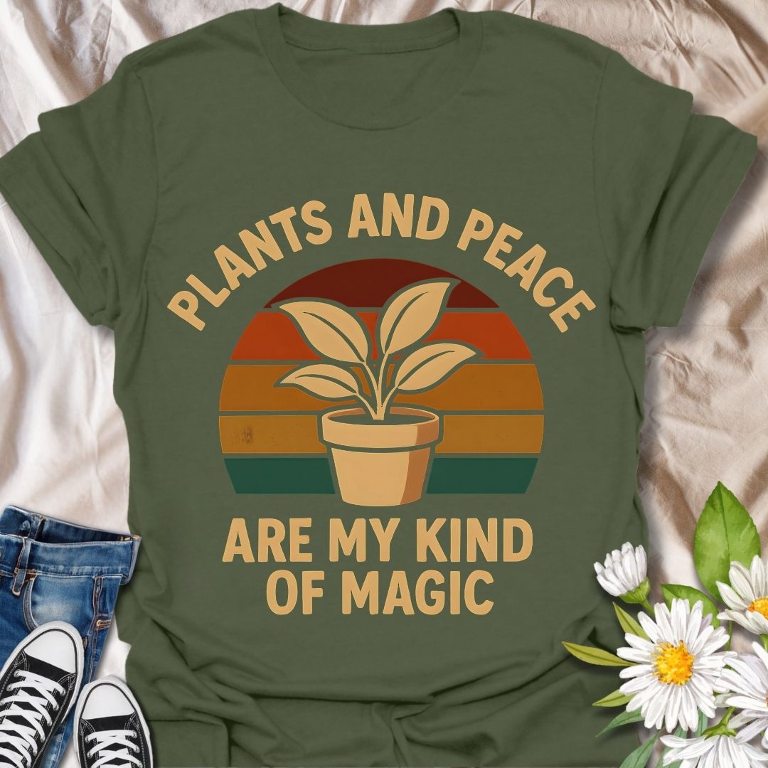 Retro-inspired “Plants and Peace Are My Kind of Magic” t-shirt for plant lovers and peace seekers. Featuring a potted plant with vintage sunset stripes, this design blends boho style with mindfulness—perfect for gardeners, plant parents, and earthy souls.