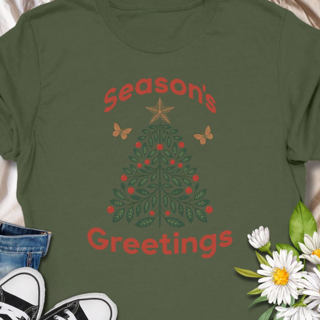 Spread festive cheer with this charming “Season’s Greetings” t-shirt featuring a leafy Christmas tree and butterflies. A unique and nature-inspired holiday tee perfect for garden lovers and anyone who celebrates the season in style.