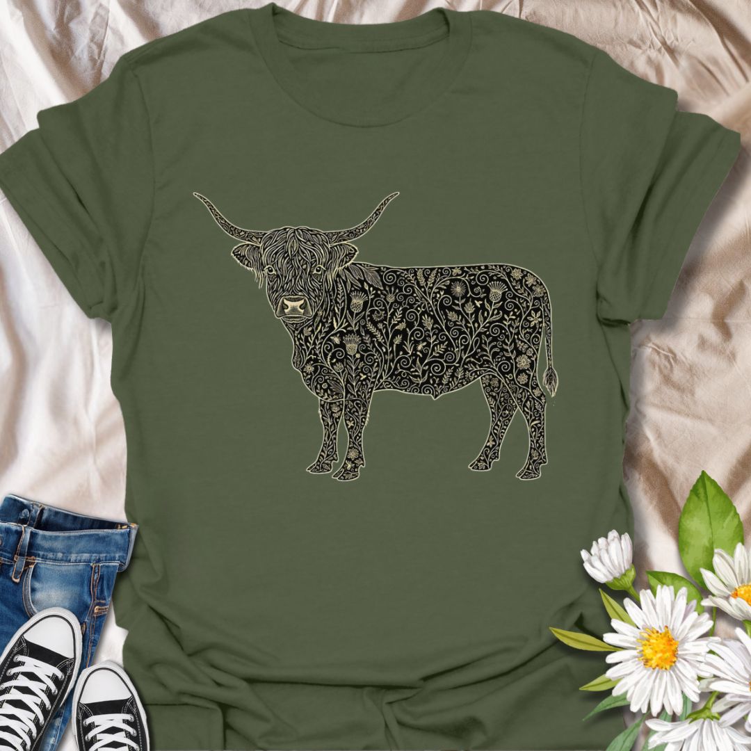 Show off your love for rustic charm and artistic nature with this intricately designed Highland cow graphic t-shirt. Featuring a beautifully detailed floral pattern within the iconic silhouette of a Highland cow, this design is perfect for farm lovers, botanical art fans, and anyone who appreciates country-inspired fashion with a creative twist.
