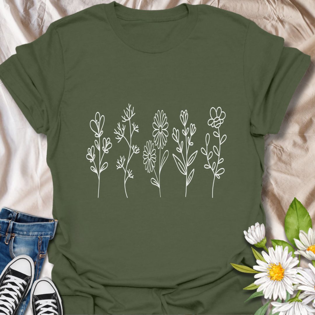 Simple wildflower line art t-shirt with delicate hand-drawn floral stems. Perfect for plant lovers, nature enthusiasts, gardeners, and fans of minimalist botanical design. A subtle, modern floral tee ideal for everyday wear and gifting.