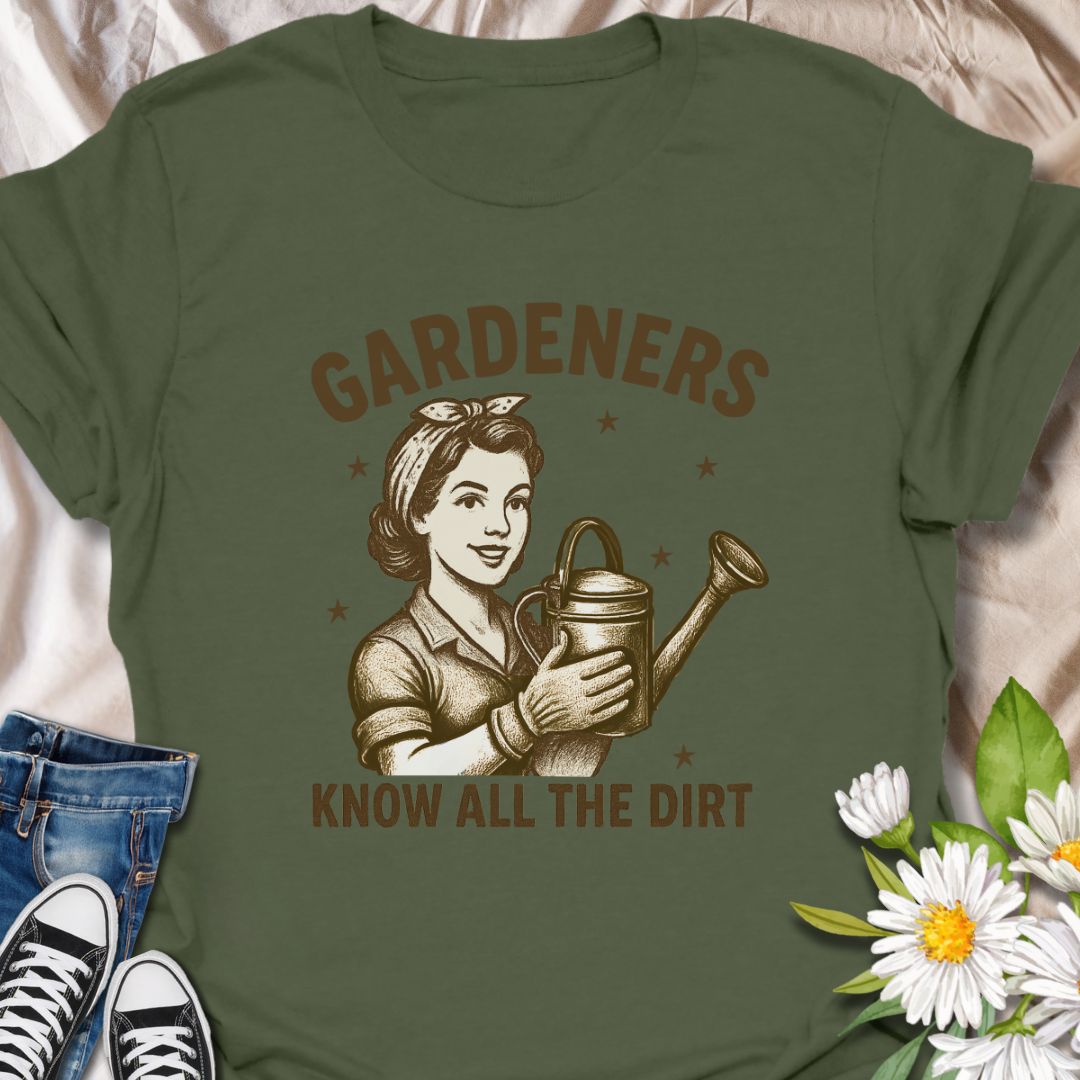 Bring some sass to the soil with this vintage-style "Gardeners Know All the Dirt" t-shirt. Perfect for plant lovers and backyard enthusiasts who appreciate a good pun with their potting mix. Ideal gift for gardeners with a sense of humor and a love for digging up more than just weeds.