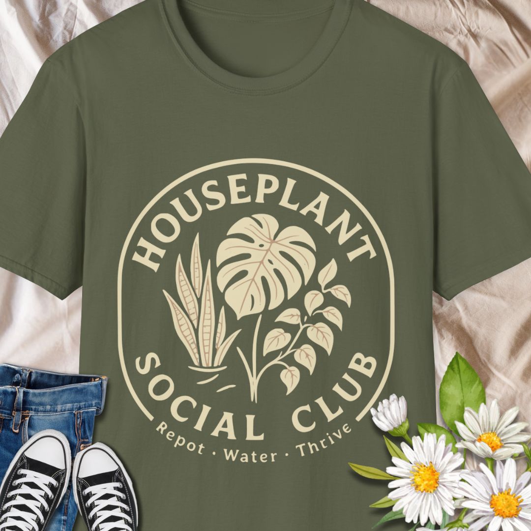 Join the green-thumb crew with this stylish “Houseplant Social Club” t-shirt featuring classic indoor plants like monstera, pothos, and snake plant. A perfect tee for plant lovers who live to repot, water, and thrive. Great gift for gardeners, plant moms, and urban jungle enthusiasts.