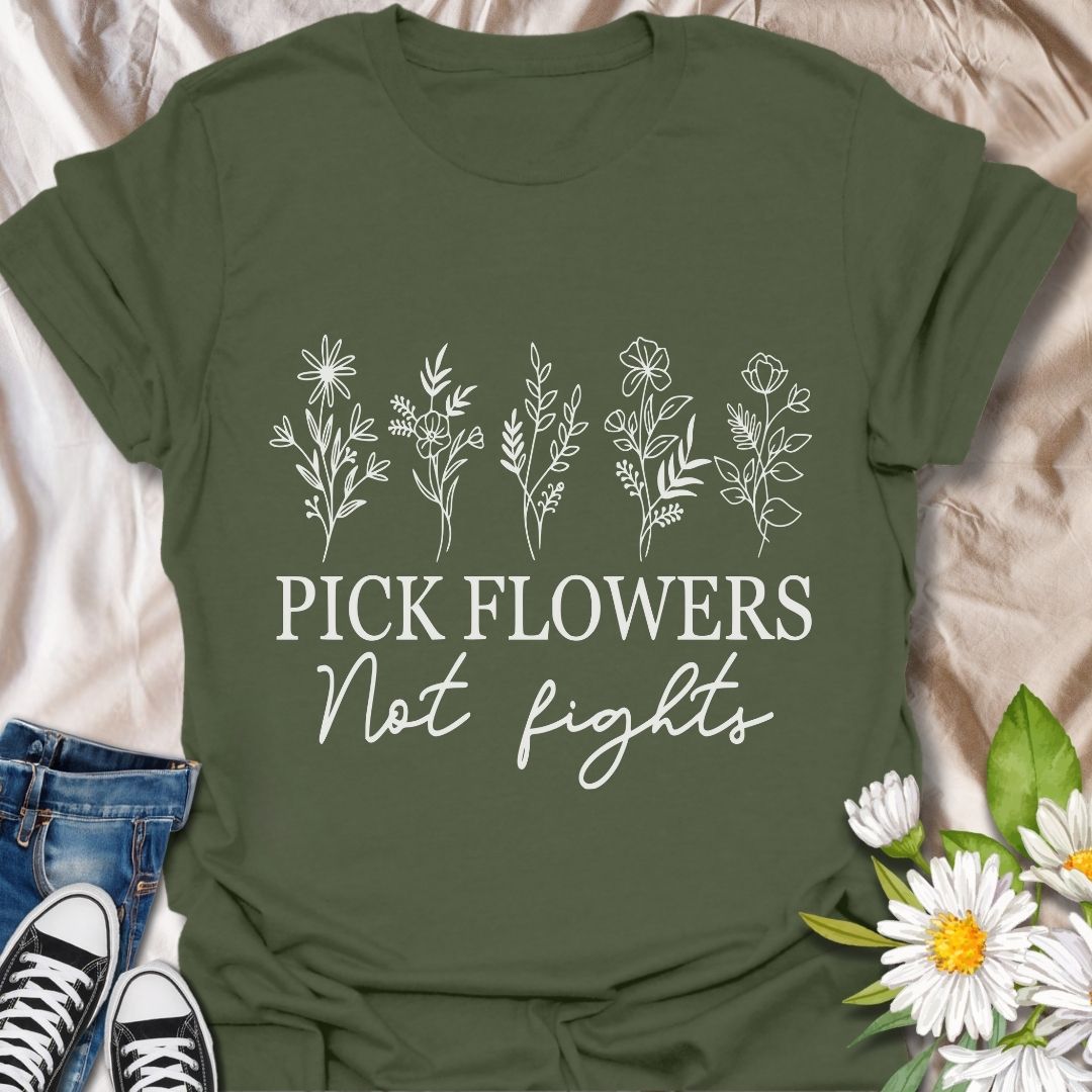 Promote peace and positivity with this “Pick Flowers Not Fights” botanical t-shirt. Featuring minimalist hand-drawn floral illustrations, it’s perfect for garden lovers, plant moms, and kindness advocates.