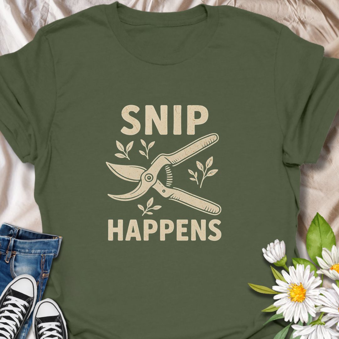 Add humor to your garden gear with this funny "Snip Happens" gardening t-shirt. Featuring classic pruners and a cheeky pun, it's perfect for plant lovers, backyard growers, and anyone who appreciates a good garden joke. Great gift for horticulturists, florists, and green thumbs who love a laugh.