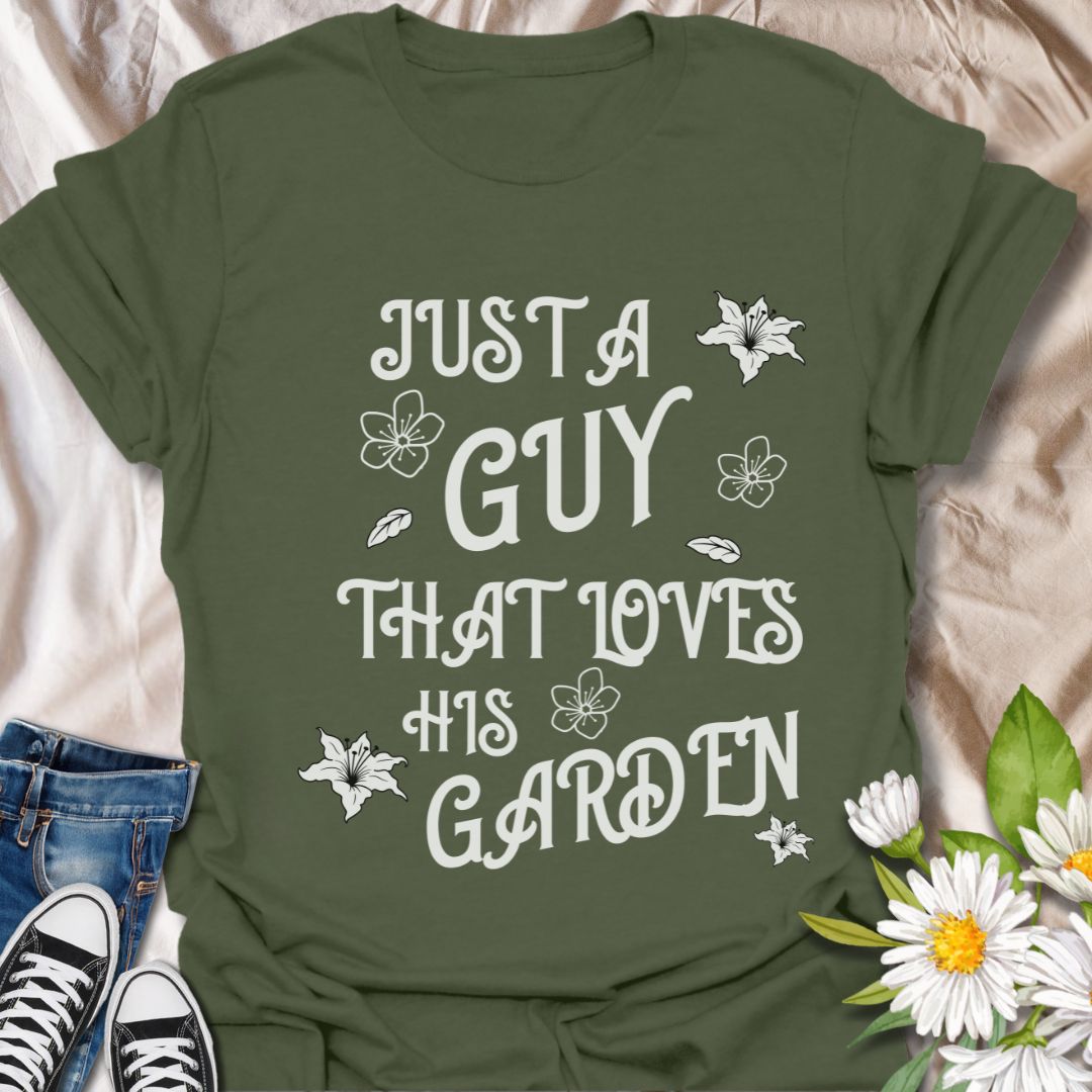 Celebrate gardening passion with this fun "Just A Guy That Loves His Garden" t-shirt. Featuring playful floral graphics and a bold statement, it's perfect for the green-thumbed guy who enjoys spending time in the garden.