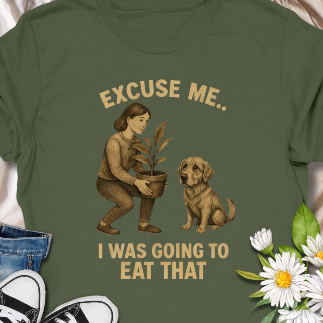 Funny dog and plant shirt showing a dog eyeing a houseplant. A humorous gift for dog owners and plant lovers.