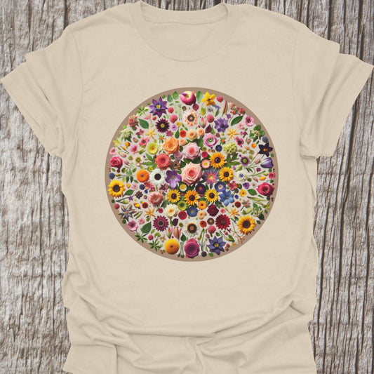 Circle of flowers t-shirt on a natural color background with multi-colored flowers.