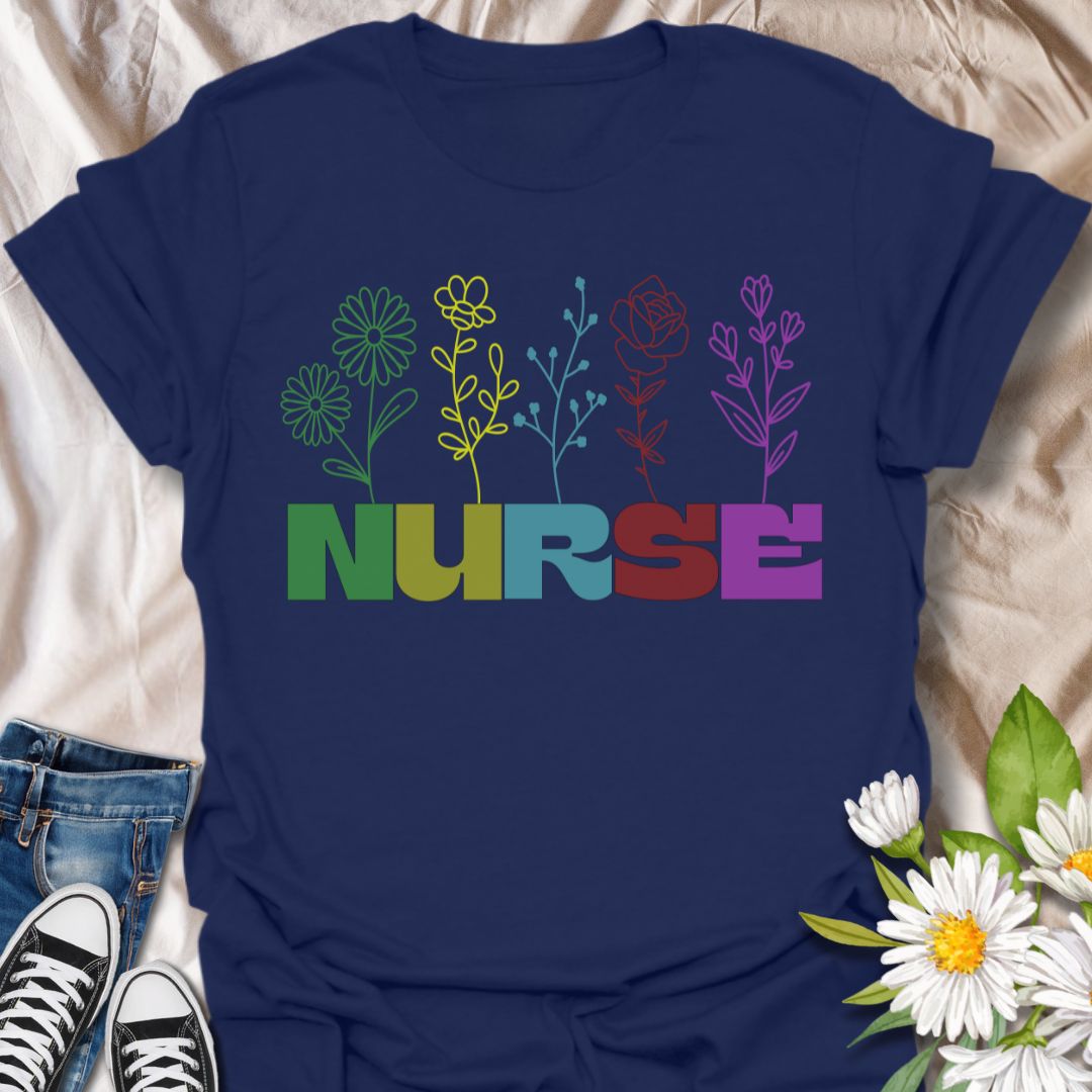 Celebrate caring in color with this rainbow floral "NURSE" t-shirt. A vibrant and heartfelt gift for nurses who bring healing and compassion. Perfect for Nurse Appreciation Week, graduations, or everyday pride.
